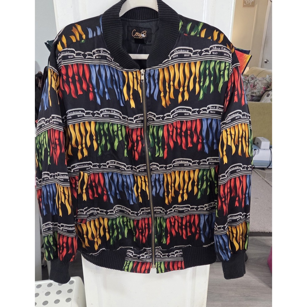 Corey B. Y2K Silk‎ Bomber Tassel Pattern Jacket Sz M Multicolored Quilted Retro